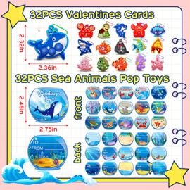 32 PCS Valentines Day Gifts for Kids,Valentines Cards for Kids Classroom with Sea Animal Pop Fidget Toys,Valentines Exchange Gifts for Kids Classroom,Valentines Party Favors for Boys Girls