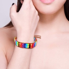 Uloveido Colorful Tube Shape Natural Stone Single Wrap Beaded Leather Rope Adjustable Boho Wrap Bracelet for Women