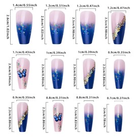 Press On Nails Medium Artificial Acrylic Gold Foil Glitter Sequins Butterfly Design Blue French Full Cover Glossy Reusable Coffin Glue On Nails
