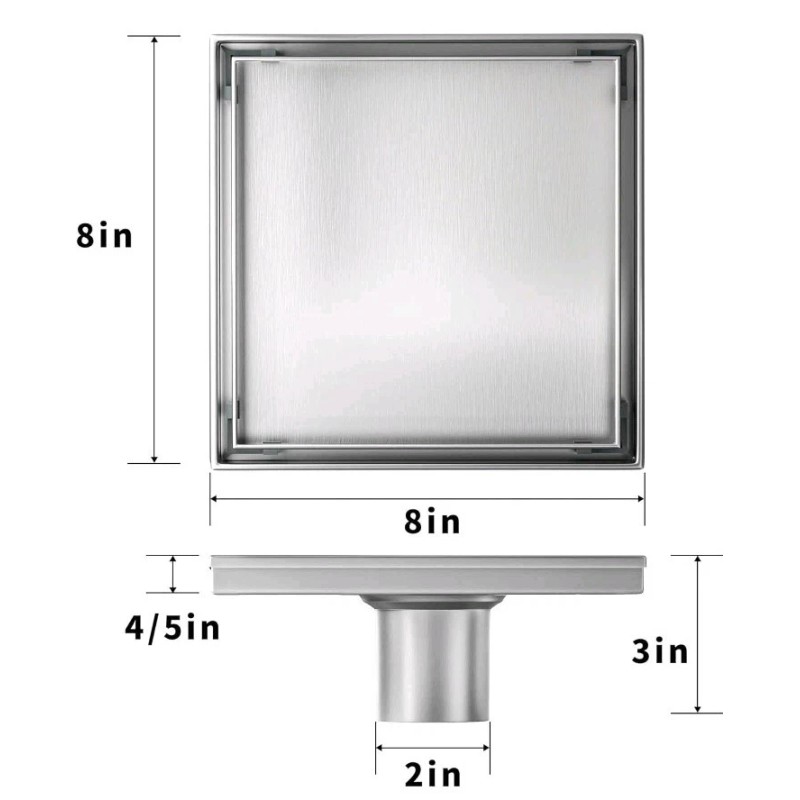 Bochni 8" Inch Shower Drain Brushed 304 Stainless Steel Tile