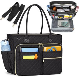 RAINSMORE Teacher Tote Bag 17.3 inch Laptop Bag for Women Work Laptop Tote Nurse Bag Professional Computer Messenger with Insulated Pocket Briefcase for Office, College, Nursing, Black