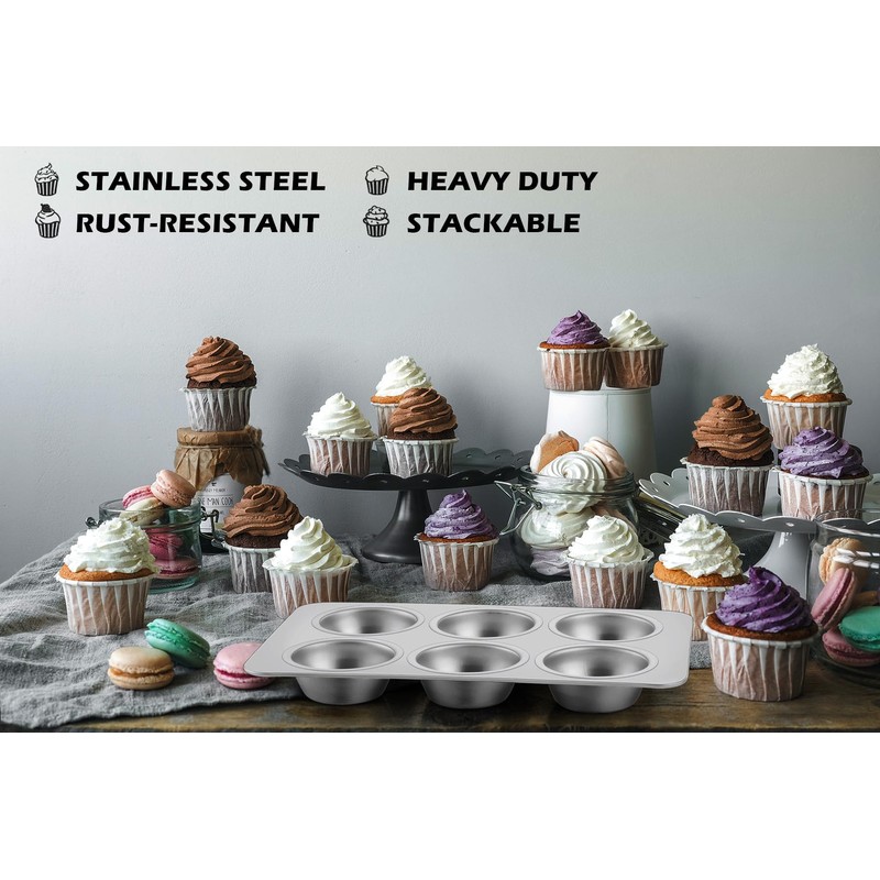 Leonyo 6-Cup Cupcake Pan, Stainless Steel Standard Size Cupcake Pans