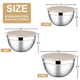 E-far Mixing Bowls with Lids, 6-Piece Stainless Steel Salad Bowls Metal Nesting Bowls for Baking Cooking and Prepping, Airtight Lids & Stackable Design, Size 4.5, 3, 1.5 QT (Khaki)