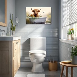 Highland Cow Bathroom Canvas Wall Art Funny Cow in Bathtub Picture Prints Farmhouse Animal Paintings Modern Artwork for Toilet Washroom Decor Framed(Bathroom-4,16.00" x 24.00")