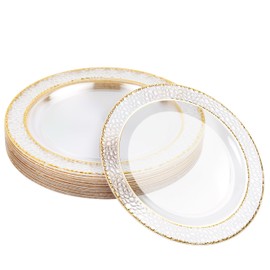 MATANA 20 Premium Clear Plastic Dessert Plates with Gold Rim, 19cm / 7 Inch - Elegant & Reusable Small Side Plates, Starter Plates for Weddings, Birthdays, Picnic, Parties