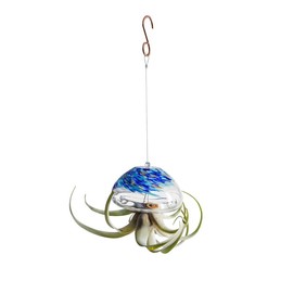 Large Hand Blown Art Glass Jellyfish Plant Holder - Primary color: Clear Blue