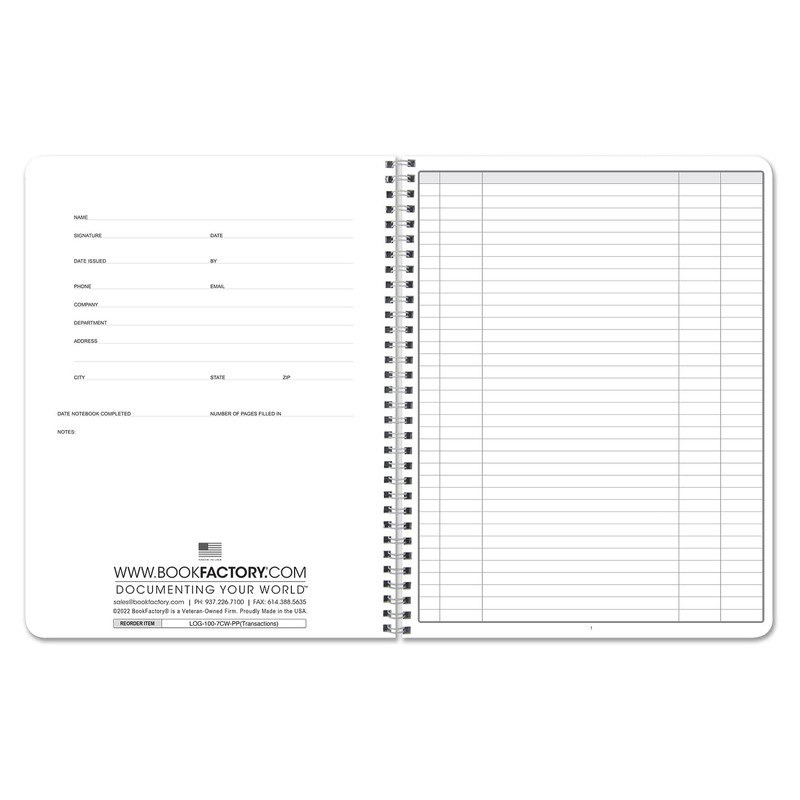 BookFactory Transaction Log Book Transactions Notebook Ledger Register - Wire-O,