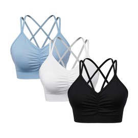 sicoozoe Women Criss Cross Back Sport Bras Medium/Low Support Yoga Bras Shirred Front Workout Bras Pack of 3 Black/White/Cambridge Blue