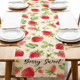 Uruney Spring Summer Strawberry Table Runner, Berry Sweet Fruit Flower Kitchen Dining Table Decoration, Seasonal Burlap Indoor Outdoor Home Decor Party Supply 13 x 72 Inches