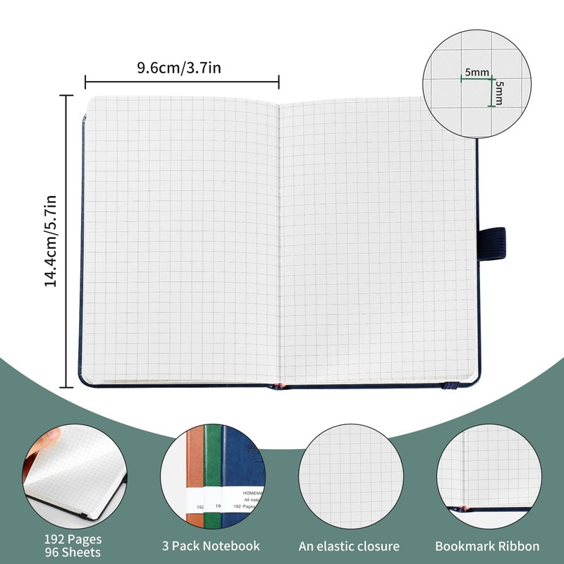HOMEMARS Small Notebook, Pocket Notebook, 3 Pack, Notebook A6, Squared,3.7"