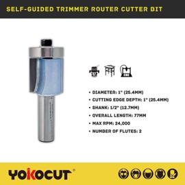 YOKOCUT Self-Guided Trimmer Router Cutter Bit, 1/2 Inch Shank, 25.4mm Cut Diameter & 25.4mm Cut Length, Tungsten Carbide Tipped Router Bit (Guided Trimmer 25.4MM DIA - 25.4MM CUT - 1/2 SHANK)
