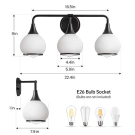 HAHZT Black Bathroom Light Fixtures 3-Lights Vanity Lights with Milky White Frosted Glass Shade Bathroom Vanity Light 22.4 inch Wall Sconce Lighting Bath(Exclude E26 Bulb)
