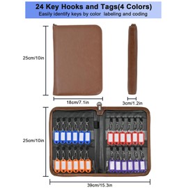 Flyroom Zippered Key Case Organizer with 24 Hooks and Tags Leather Portable Key Storage Book for Offices Real Estate Agencies,Hotels and Rental Management