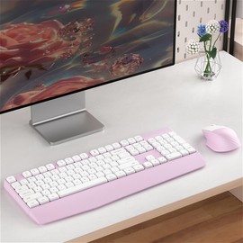 COVEVA Wireless Keyboard and Mouse Combo, Ergonomic Keyboard with Wrist Rest and Wireless Mouse, 2.4Ghz Wireless Connection, Compatible with PC/Laptop/Windows/Mac for Home and Office Use (White Pink)