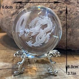 HDCRYSTALGIFTS 3D Carving Chinese dragon Crystal Ball Glass Loong Display Paperweight with Sliver-Plated Flowering Stand,2.4inch(60mm)