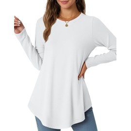 JUSTFASHIONNOW Womens Long Sleeve Shirts Crew Neck Casual Basic Tops Flowy Loose Dressy Blouse Tunic Tops Loose Fit Fall Fashion 2025 (White, Small)