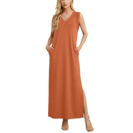 GRECERELLE Women's Summer Casual Loose Beach Split Long Maxi Dress with Pockets (Medium, Tan)