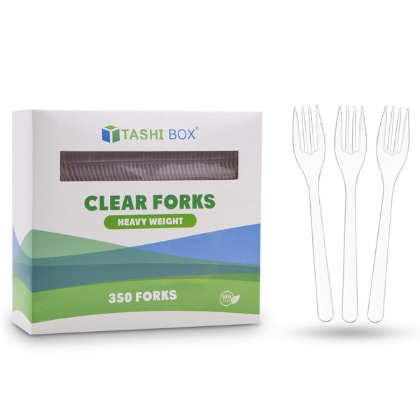TashiBox [350 Plastic Forks] Disposable Clear Forks, Heavyweight Cutlery