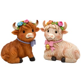 nuvagiki Spring and Summer Highland Cow Decor - 2 Pack Rustic Highland Cow Figurines for Home, Kitchen, Garden, and Party Decorations