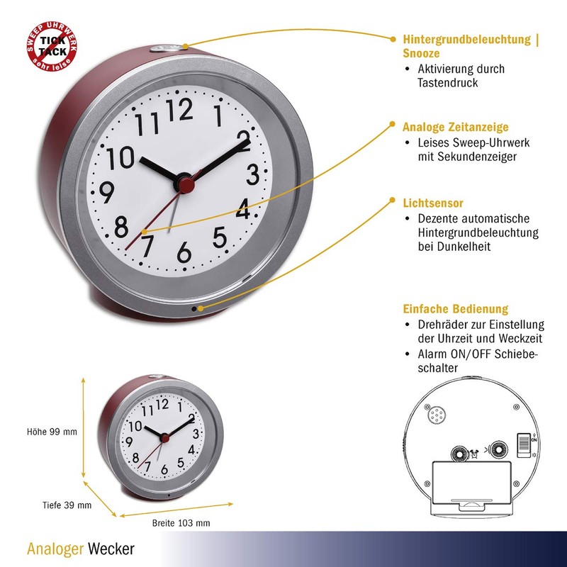 TFA Dostmann 60.1034.05 Non-Ticking Analogue Alarm Clock with Backlight Red,