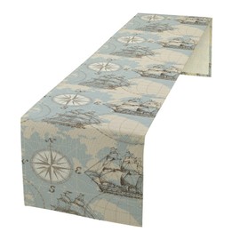 Nautical Map Table Runner,Vintage Blue Sketch Ocean Theme Coral Sailboat Lighthouse Compass Anchor Pattern Table Runner for Coffee Table Dining Room Table Bedroom Party Holiday Decor 13x36inch