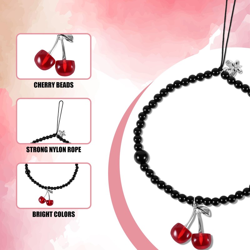 Mikovivi Cherry Phone Lanyard, Beaded Phone Bracelet Strap Cell Phone