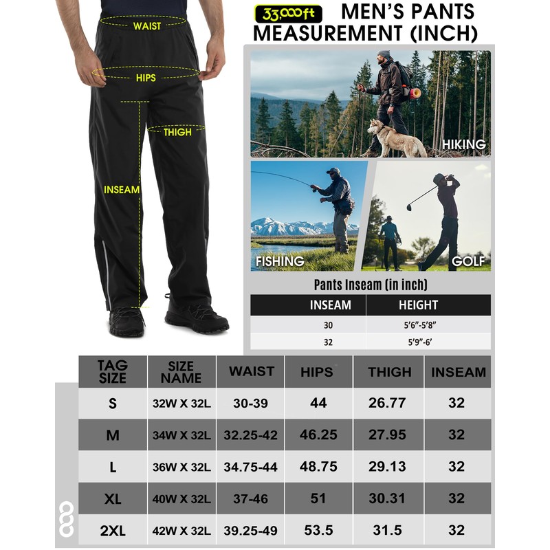 33,000ft Men's Rain Pants Waterproof, Windproof Lightweight Outdoor Rain Over