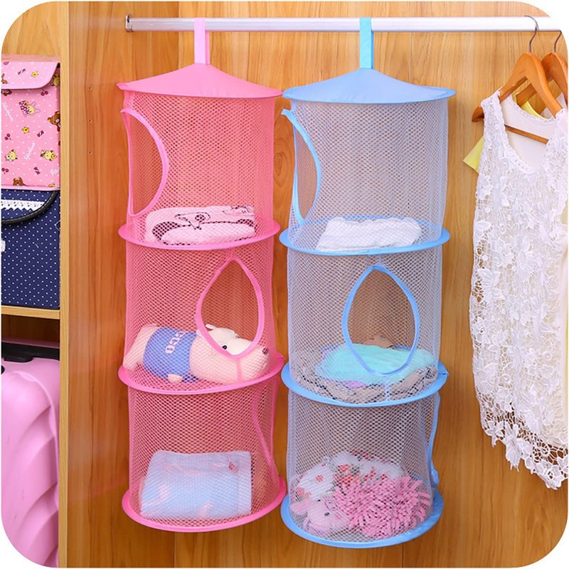 Mesh Hanging Storage Basket With 3 Compartments Foldable Hanging Storage