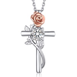 MomentWish Rose Cross Necklace, Christmas Gifts for Women, 1Carat Moissanite Cross Pendant for Her 925 Sterling Silver Flower Necklace
