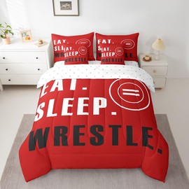 Feelyou Wrestling Sports Comforter Set with Sheets Twin Size Wrestling Sports Theme 7 Pieces Bedding Set for Kids Boys Girls Teens Red Wrestle Rodeo Bed in a Bag Wrestle Themed Bed Set