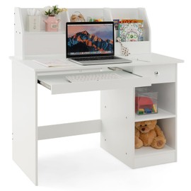 Costzon Kids Desk, Wooden Children Study Desk with Hutch, Storage Shelves, Keyboard Tray, Student Writing Workstation White Computer Desk for Kids Bedroom, School, Gift for Boys Girls 3+