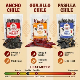 Dried Chile Peppers Variety Pack (12 oz Total) - Ancho, Guajillo, Pasilla Chiles – Staple for Mexican Recipes - Birria, Salsa, Sauces, Stews, Tamales By Amazing Chiles and Spices
