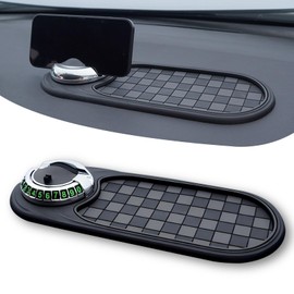 Shakas Multifunction Car Anti-Slip Mat, Rotatable Phone Holder with Temporary Parking Number, Plaid Decoration Phone Key Coin and Sunglasses Storage Pad, for Cars Portable Accessories (Black #A)