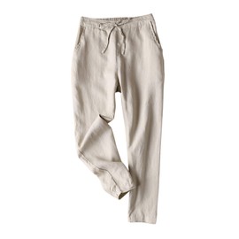 IXIMO Women's Tapered Pants 100% Linen Drawstring Back Elastic Waist Pants Trousers with Pockets Khaki M