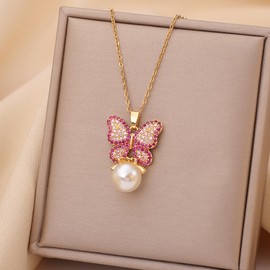 Adjustable Cute Gold Colour Trendy Pendant Necklace Women's Niche Design Sparkling AAA Cubic Zirconia Delicate Red Pink Butterfly Pearl End Financial Year Birthday EOFY(Nature's Kiss)
