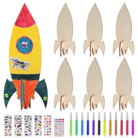 BAPHILE 12 Pack DIY Wood Rocket,Mini Rocket and Decorate Wooden Rocket Craft Kits with Decorate Tools for Kids School Craft Home Party Decor Projects