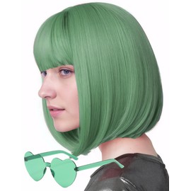 MIUSKATL Wig and Sunglasses 12 Inch Short Bob Wigs with Bangs for Women Costume Cosplay Party (Mint Green)