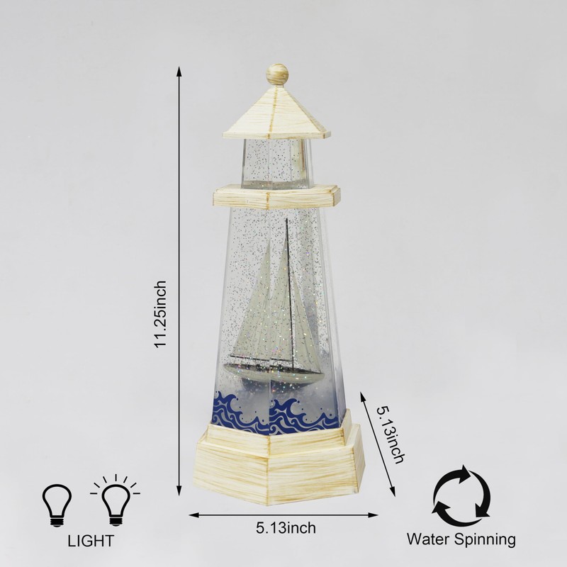 Lighthouse Water Spinner Coastal Acrylic LED Light-Up Decoration with Moving