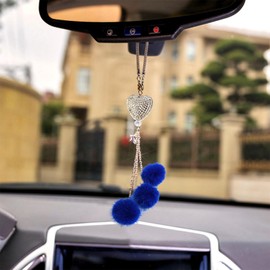 Bling Car Mirror Accessories for Women, Rhinestone Diamond Love Heart & Pink Plush Ball Decor Ornament Pendant, Car Rear View Mirror Hanging Charm Pendant, Lucky Hanging Accessories (Dark Blue)