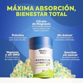 Health Hack Citrato de Magnesio en Gomitas | 180 Gummies para 3 meses | 2400mg por porción | Suplemento Alimenticio de Magnesium Citrate para Adultos | Sin Azúcar, Sin Colorantes Artificiales