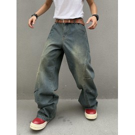 DFGIGT Men's Irregular Sutures Y2k Hip Hop Baggy Jeans Wide Leg Denim Pants Casual Loose Fit Trousers Streetwear 2000s Extreme Motion Relaxed Fit Sport Skater Jogging Skateboard,A11 Blue,Medium