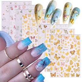 Butterfly Nail Art Sticker Decals 3D Self-Adhesive Colorful Butterfly Flower Design Nail Decals Pink Blue Green Gold Butterflies Nail Art Sticker Decoration for Women Manicure Supplies Nail Art Tip