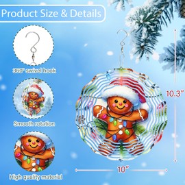 3D Gingerbread Wind Spinner 10 Inch Kinetic Wind Spinners Hanging Stainless Steel Holiday Ornament for Festive Home and Garden Christmas Decor