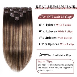 Human Hair Clip in Hair Extensions 14 Inch 7Pcs Clip in Extensions Real Human Hair Balayage Chocolate Brown to Caramel Blonde Straight Remy Hair Extensions for Women 85g #4/4/27