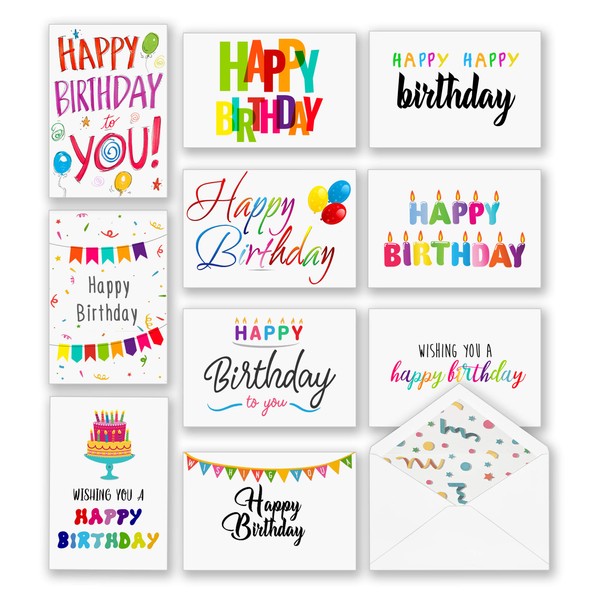 100 Happy Birthday Cards Bulk, Large 5x7 Inch Assorted, with Envelopes,Stickers and Simple Greetings Inside, 10 Unique Designs, Thick Card Stock Box Set