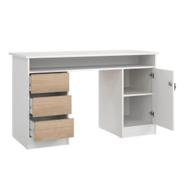 Tvilum Function Plus Computer Desk with Storage Cabinet, 3 Handle-Free Drawers, Two-Tone White and Oak Color Finish