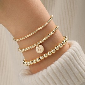 Turandoss Gold Bracelets for Teen Girls - Gold Charm Bracelets for Girls B Initial Bracelet Gold Beaded Bracelets for Girls Stretch Bracelets for Women Gold Charm Bracelet Gold Accessories for Women