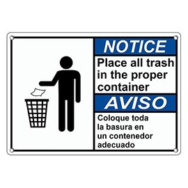 Weatherproof Plastic ANSI Notice Place Trash in Proper Container Bilingual Sign with English & Spanish Text and Symbol