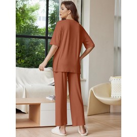 Ekouaer Lounge Sets for Women Short Sleeve Tops and Long Pants Soft Comfy Pajamas Set 2 Piece Outfits,Camel,XL