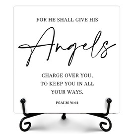 For He Shall Give His Angels Charge Over You Sign, Rustic Christian Decor, Farmhouse Home Decor, Inspirational Christian Gifts for Women Men, Vintage Decor for Bedroom Bathroom, 5" x 5"-344